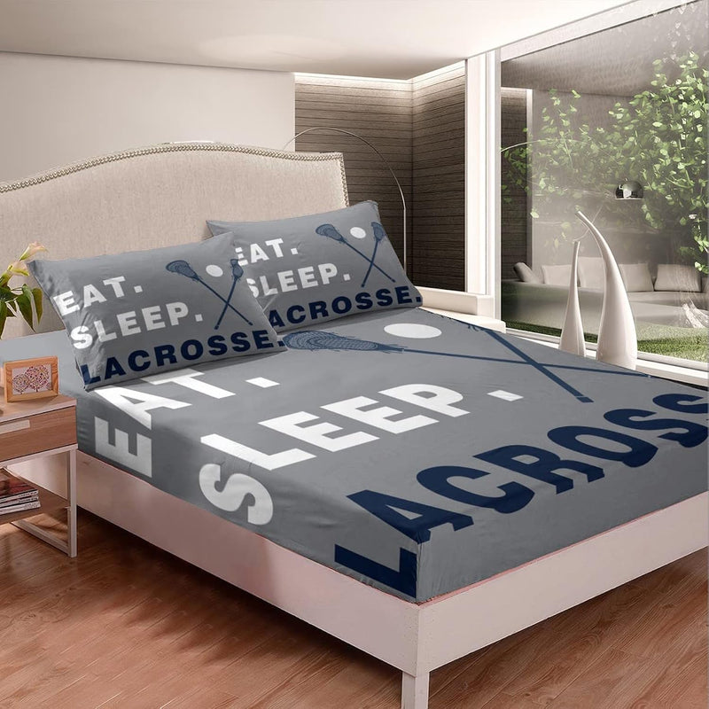 Lacrosse Bed Sheet Set Boys Gilrs Ball Sports Theme Fitted Sheet Deep Pocket F