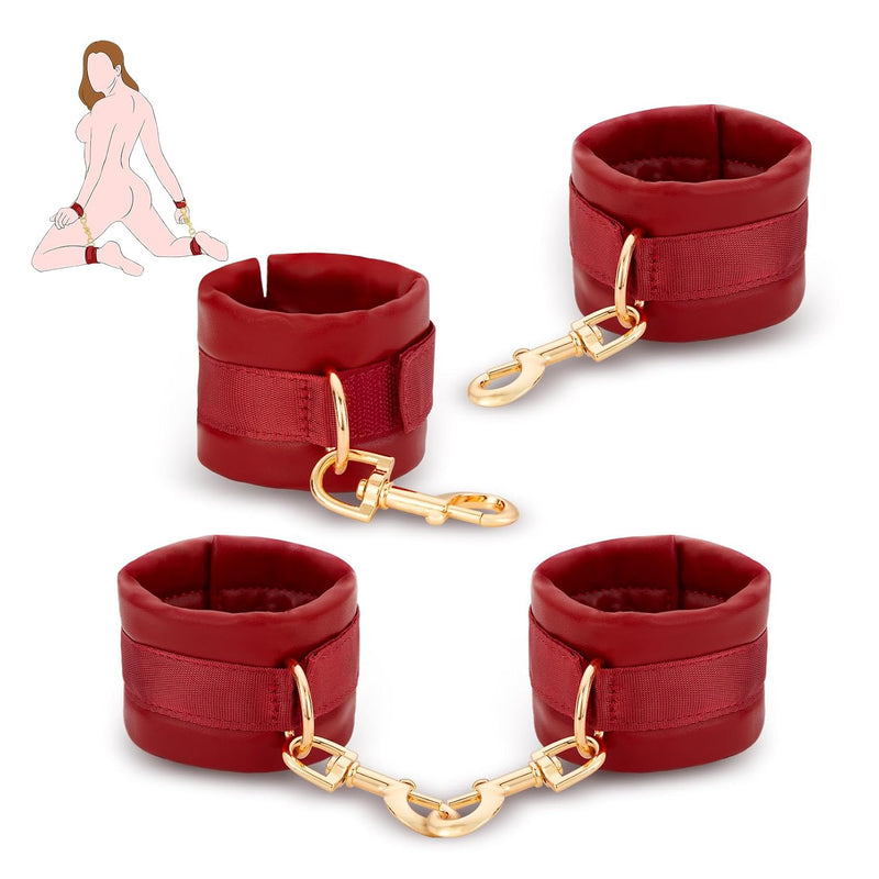 Sex Bondage Bdsm Kit Restraints - 4Pcs Sets With Adjustable Handcuffs Ankle Cuff Fetish Adult Sm Games Sex Toys For Couple Beginner, Red