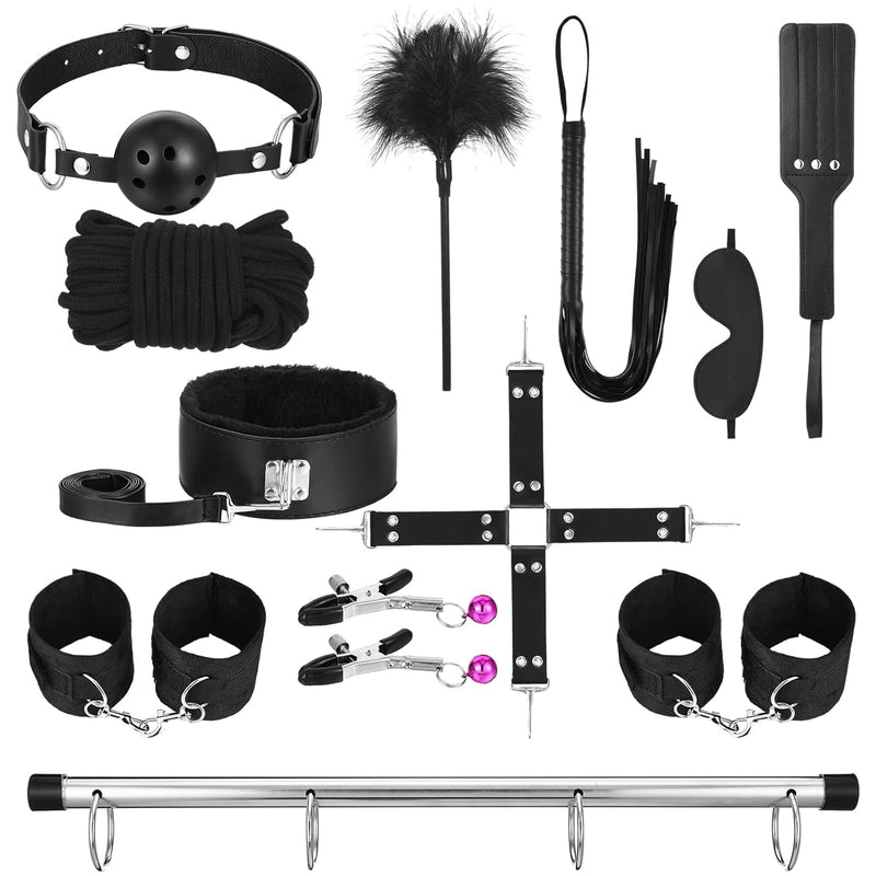 13 Pcs Bondage Restraints Kit Adult Couples Sex Toys, Include Spreader Bar Sex Bondage Rope Blindfold Feather Scratcher Ankle Cuffs And Handcuffs For Women And Couples