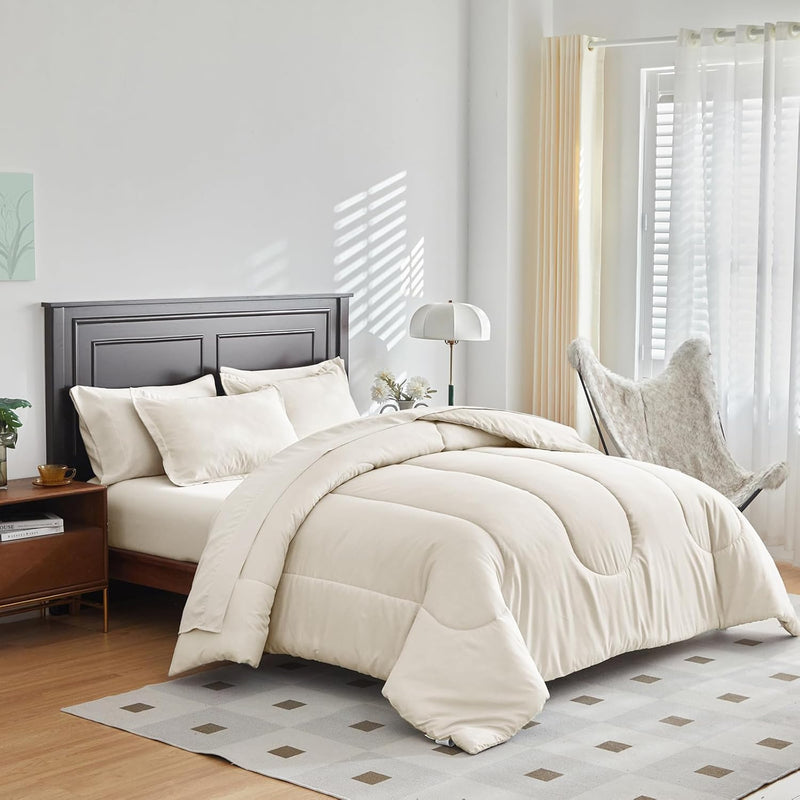 Cream White Bed In A Bag 7 Pieces Comforter Set Soft Microfiber, Reversible De