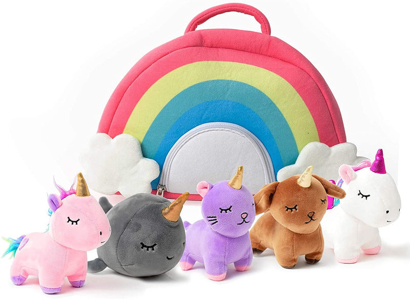 Pixie Crush Unicorn Toys Stuffed Animal Gift Plush Set With Rainbow Case “ 5 Piece Stuffed Animals With 2 Unicorns, Kitty, Puppy, And Narwhal “ Toddler Gifts For Girls Aged 3, 4, 5 ,6 ,7, 8 Yr Olds