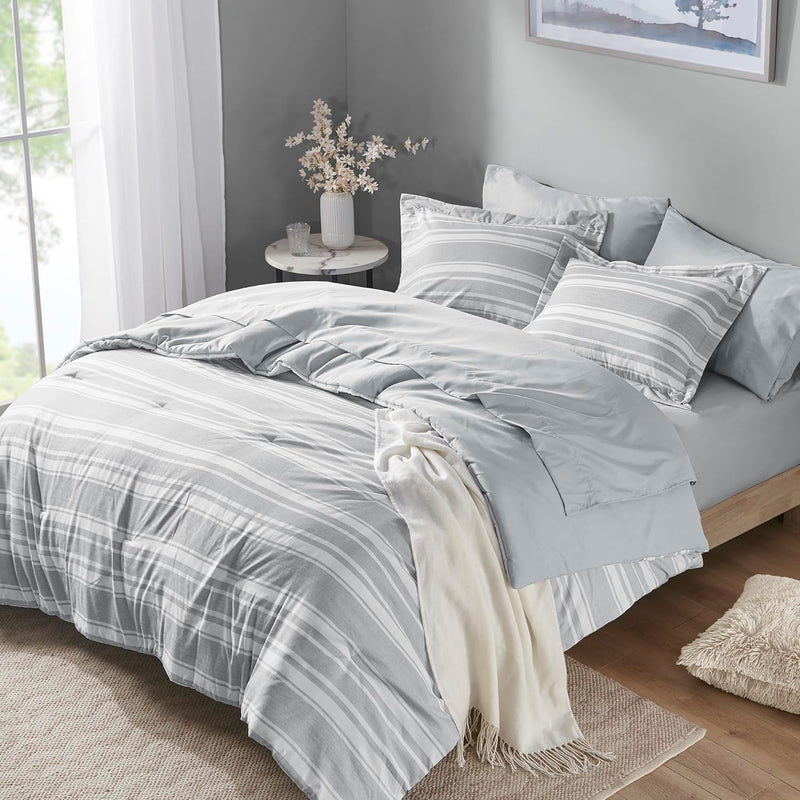 King Size Bedding Comforter Set 7 Pieces, Grey White Striped Bed In A Bag Reve