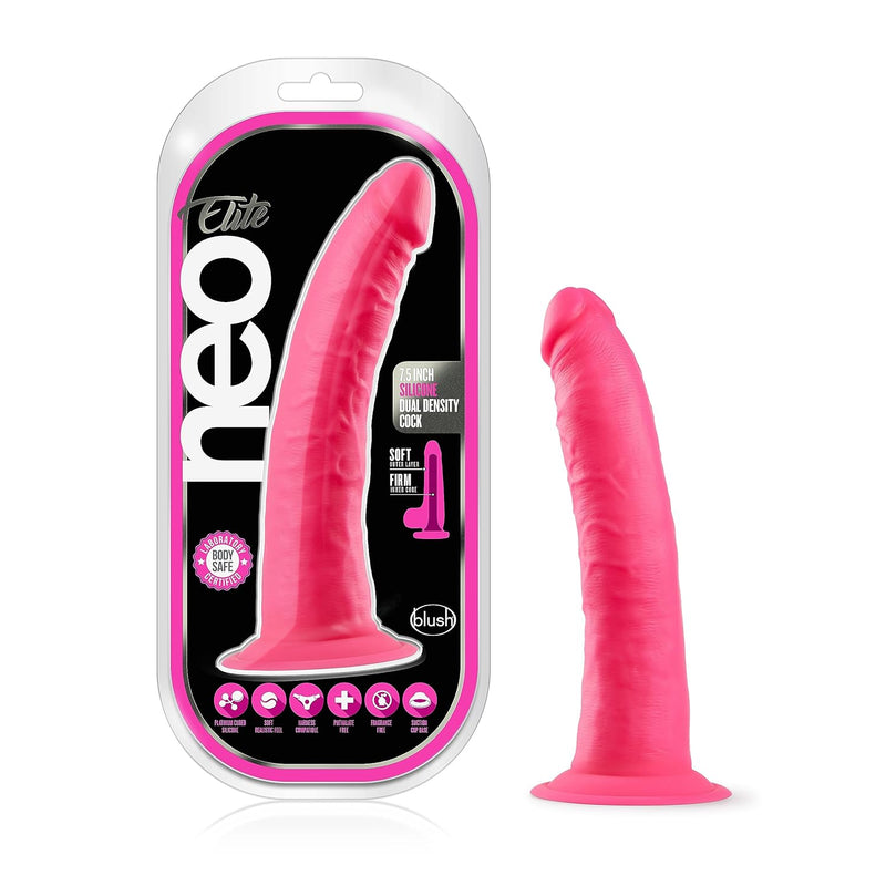 Blush Neo Elite 7.5 Inch Premium Silicone Dildo - 1.5" Thick Dual Density Anal Dildo - Suction Cup Harness Penis For Hands Free Play - Vaginal G-Spot Stimulation Adult Sex Toy For Women Couples - Pink