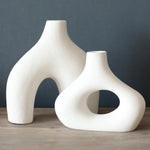 Den Donut Vase, Set of 2 - Minimalist Nordic, White Ceramic Hollow Donut Vase Decor | Table Centerpiece, Olive Plant, Wedding, Living Room, Bookshelf, Office, Modern Home, Entryway, Console