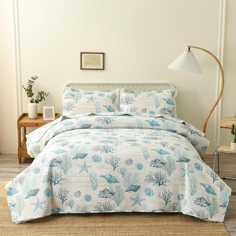 3Pcs Ocean Theme Quilts Set Full/Queen Size Lightweight Coastal Bedding Beach
