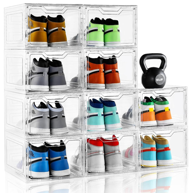 Large Shoe Boxes Clear Plastic Stackable, 10 Pack Drop Front Shoe Storage Boxes
