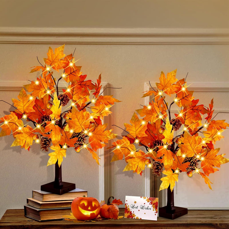 2 Pcs 24 Inch Artificial Fall Tree Lighted Maple Tree Battery Usb Operated W/T