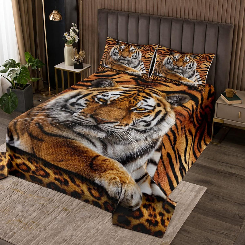 Tiger 3D Print Bedspread Queen Size,Wild Animals Bedding Set 3Pcs For Kids Tee