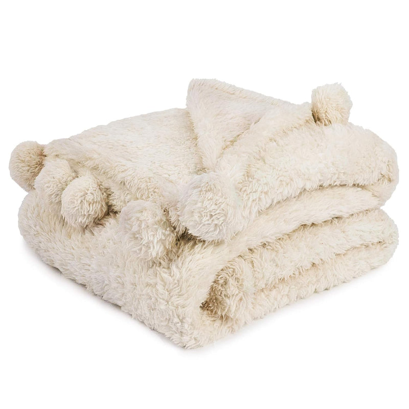Cream Sherpa Throw Blanket For Couch, Pom Pom | Fluffy Plush Soft Blanket For