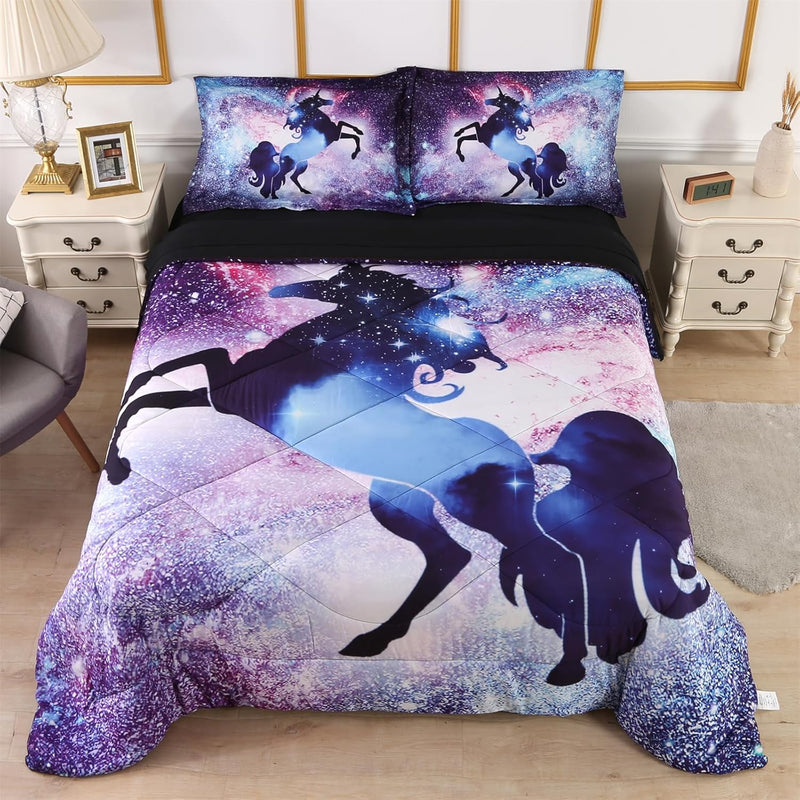 Unicorn Bedding Sets For Girls 5-Piece Full, Premium Galaxy Unicorn Bed In A B