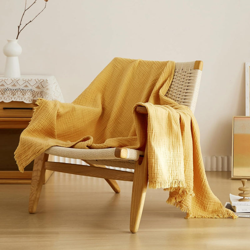 Cotton Muslin Throw Blanket 4 Layers For Bed, Couch, Woven Gauze Blanket With