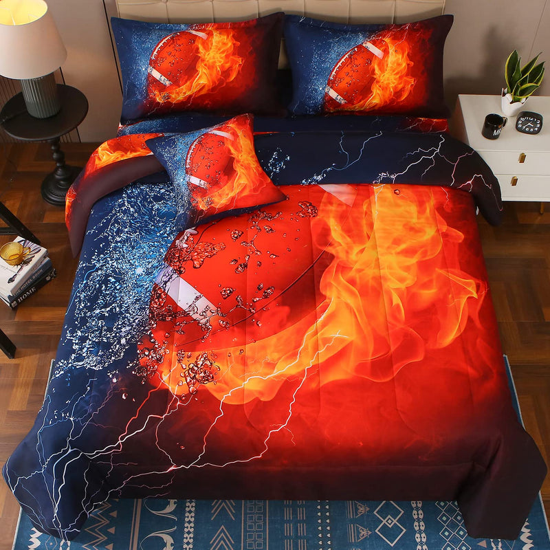 Twin Football And Fire Comforter Sets For Boys,6 Piece Bed In A Bag 3D Sport T