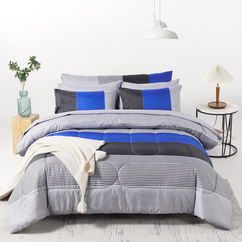 8Pcs Blue And Grey Stripe Comforter Set King Size, Ultra Soft Microfiber Filli