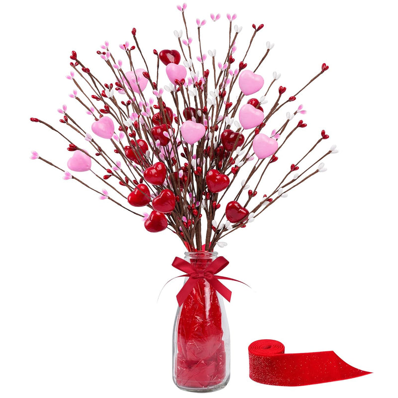 Valentine’S Day Gifts, Artificial Red Berry Flower Stems Heart Shaped Berry Pi