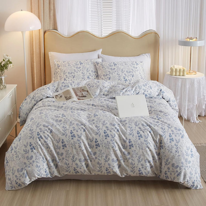 3 Pieces Duvet Cover Full Size White Duvet Cover With Blue Floral Print,Soft C