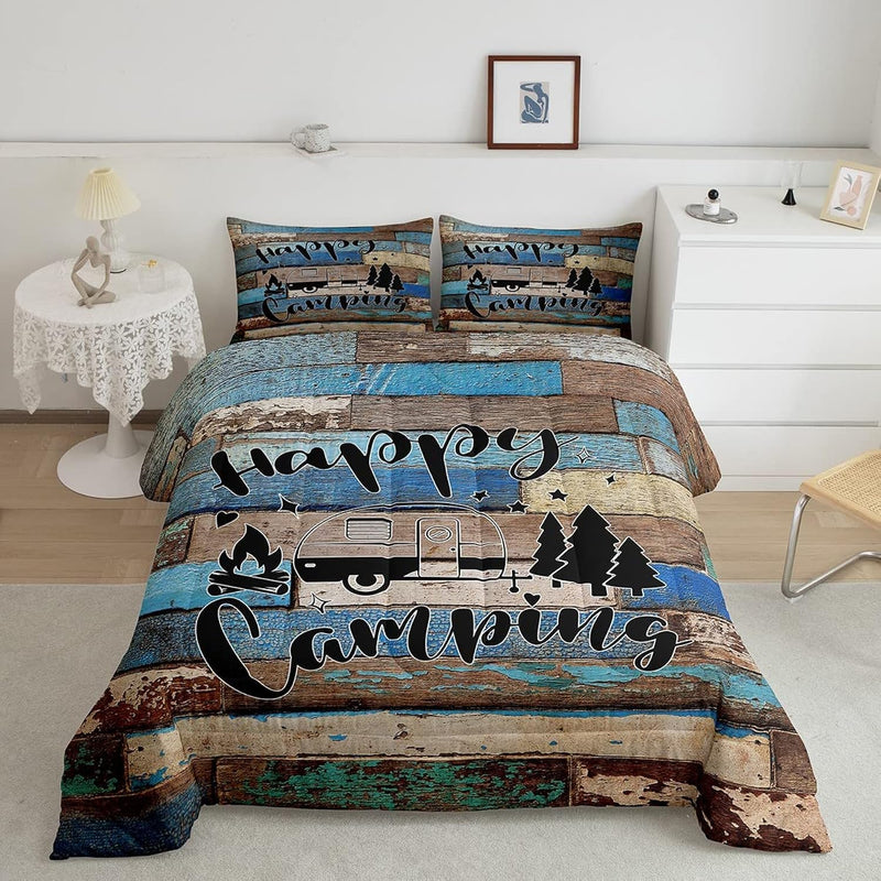 Camping Adventure Comforter Set Queen Size,Camper Rv Trailer Decor Bedding Set