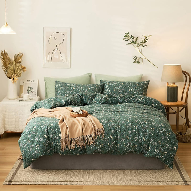 Retro Floral Duvet Cover Queen, Green Bedding Sets Jersey Knit Quilt Cover Set