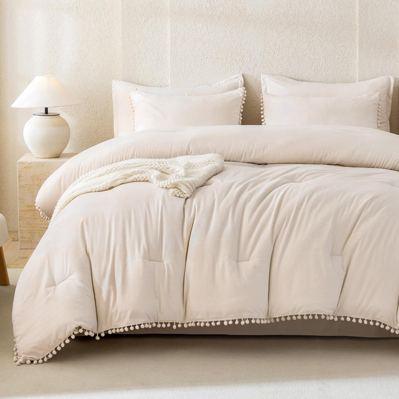 Comforter Full Size Set Beige,3 Pieces Beige Boho Pom Pom Lightweight Bed Comf