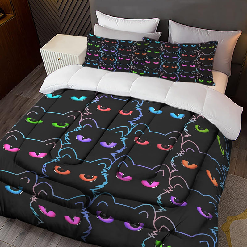 Cute Cartoon Cat Bedding Kids Twin Black Cat Comforter Set Gradient Line Cute
