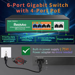 6 Port Gigabit Poe Switch With 4 Poe & 2 Uplink Port, Poe Switch 4 Port,1000Mbps, 802.3Af/At,75W, Built-In Power, Vlan, Fanless Metal, Plug And Play Unmanaged Ethernet Switch.