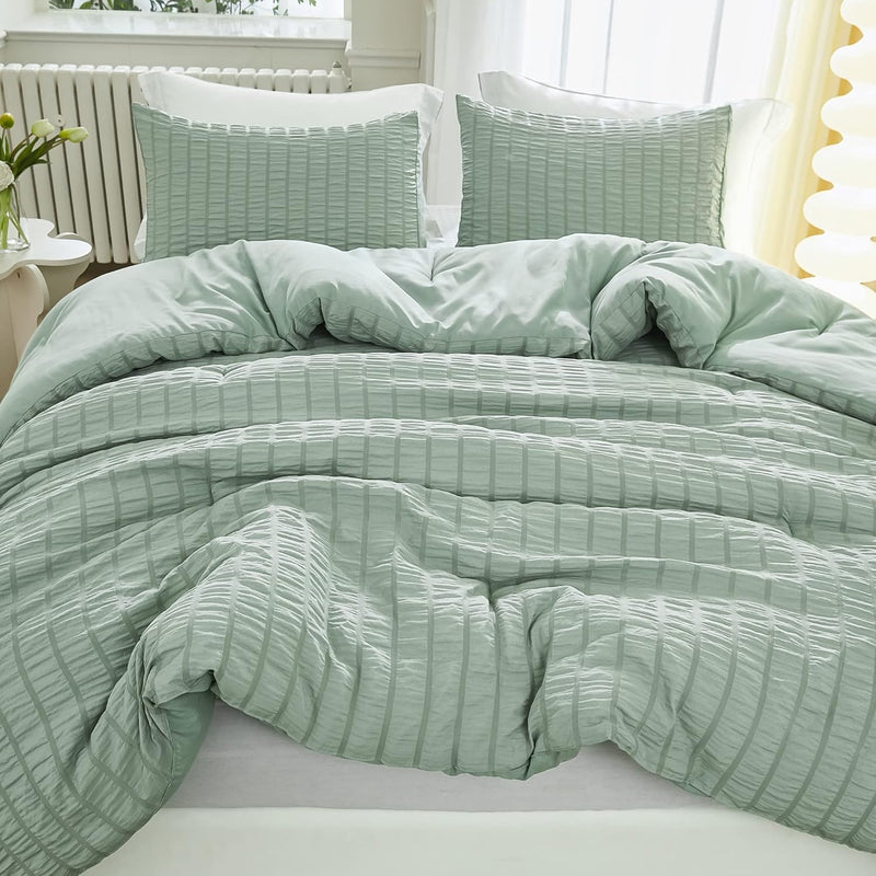 Sage Green Comforter King Size Set, 3 Pieces Lightweight Summer Seersucker Tex
