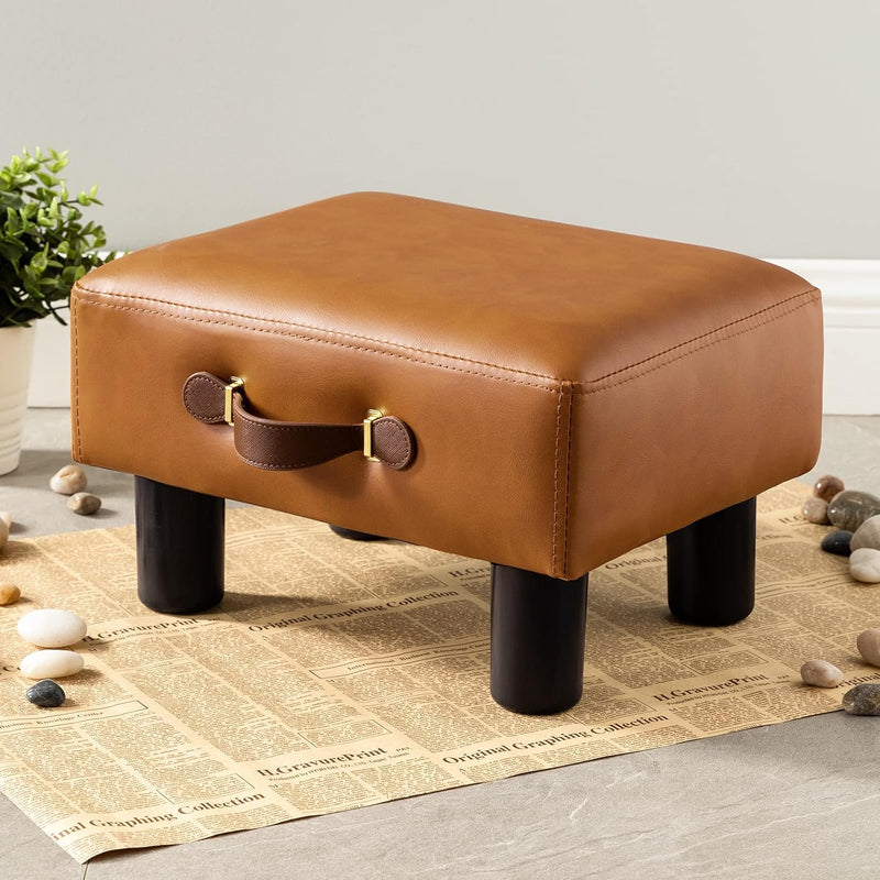Small Foot Stool With Handle, Whisky Brown Pu Leather Short Foot Stool Rest, R