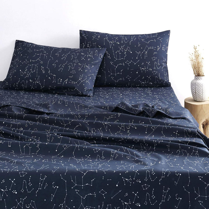- Constellation Sheet Set, Navy Blue With White Space Stars Pattern Printed, S