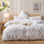 3Pcs White Comforter Set, Soft Microfiber Bedding Plant Flowers Printed Comforter With 2 Pillow Cases For All Seasons(Queen)