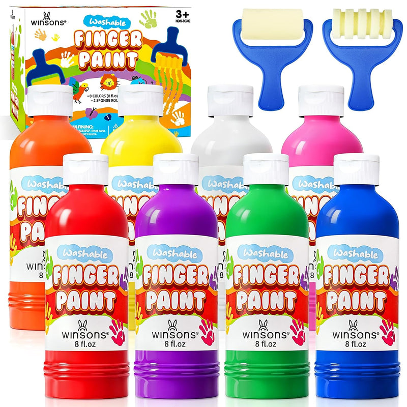 8 Color Washable Finger Paint Set for Kids, 8 oz Non-Toxic Large Bottles