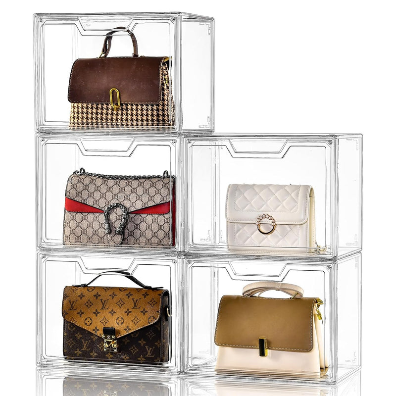Purse Organizer for Closet,Clear Acrylic Display Case for Handbag Organizer, Purse Storage Box with Magnetic Door, Dustproof Storage Bins for Book, Collectibles, Cosmetic (5 Pack)