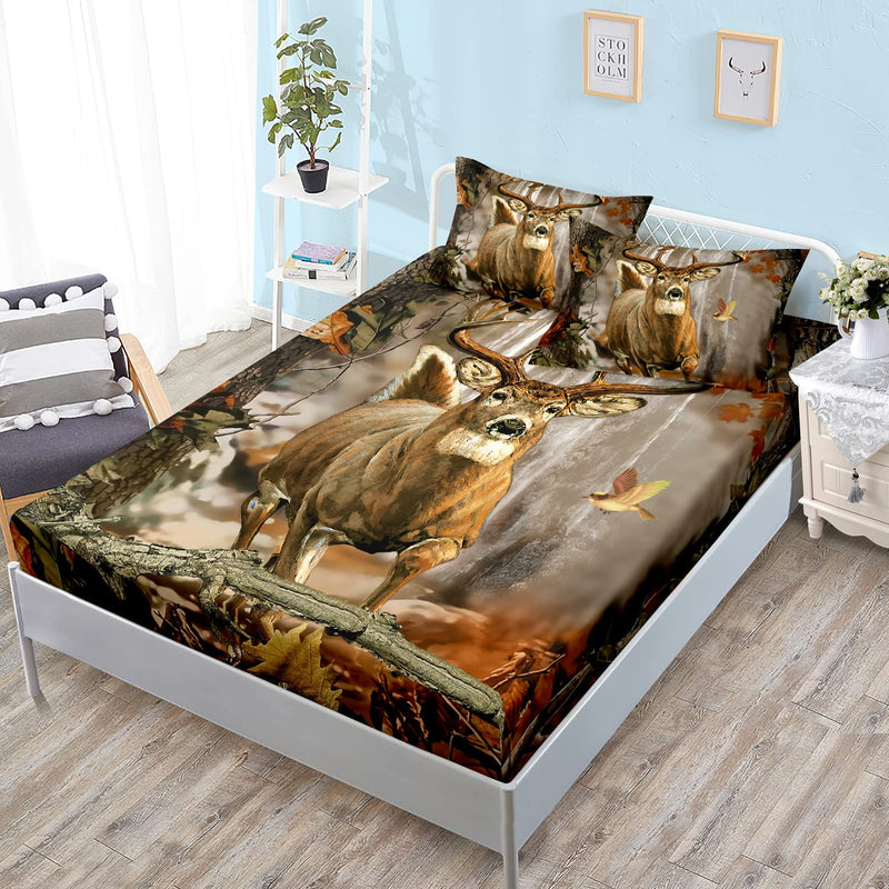 Deer Hunting,Deer Fitted Sheet Queen Size And Deer In The Forest Printed Decor