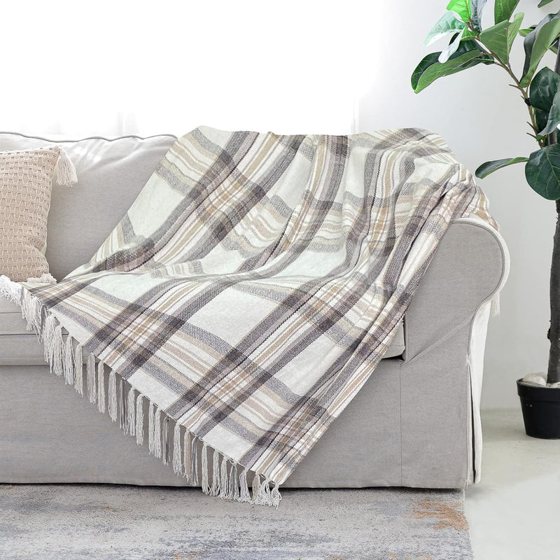 Taupe Grey And White Plaid Decor Tartan Blanket, Lightweight Soft Chenille Str