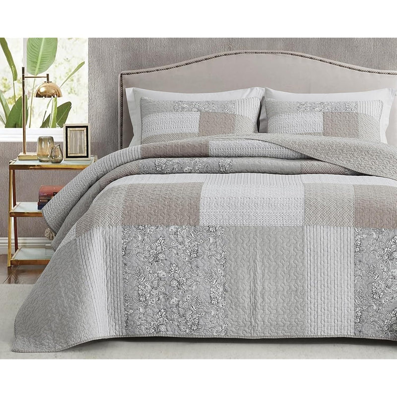 Quinn 3-Piece Neutral Taupe Gray White Floral Hibiscus Flower Candy Stripe Pat