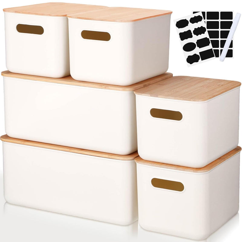Plastic Storage Bins With Bamboo Lids Stackable Storage Containers For Organizin