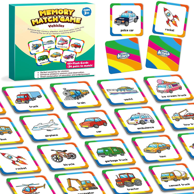 Match Game,Memory Game, Vehicle 48 Pcs Toddler Card Games for Kids Ages 3 4
