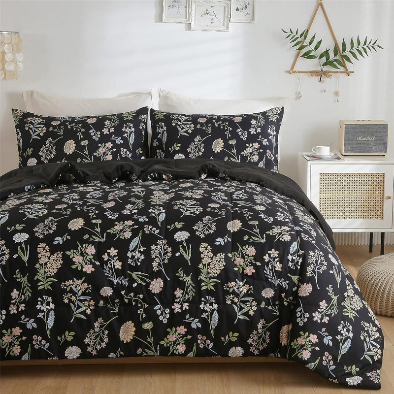Floral Comforter Set King Size, Yellow Green Botanical Flower Leaves Printed B