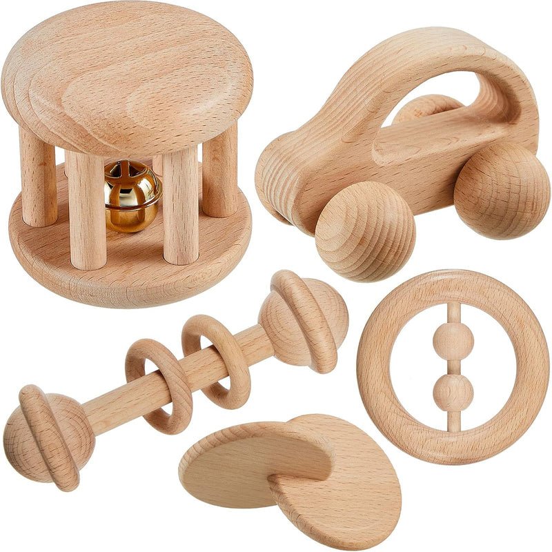 5 Pieces Wooden Baby Toys Wooden Toys for Babies 0-6-12 Months Wood Toys Ra