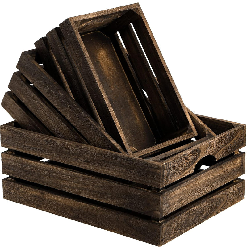 Set Of 3 Nesting Wooden Crates, Rustic Wood Basket With Handles, Decorative Fa