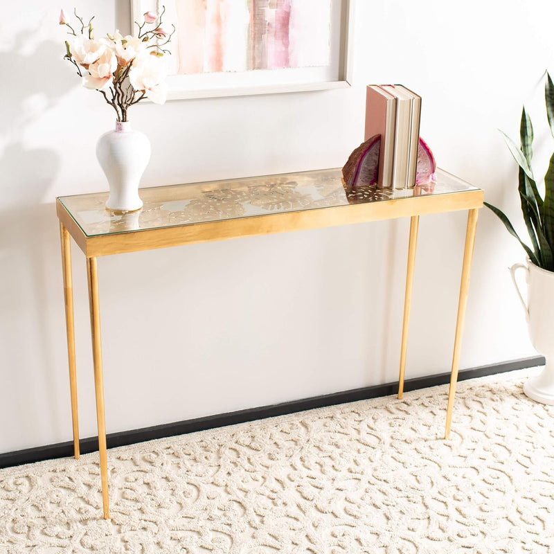 Home Leilani Gold Leaf Palm Leaf Glass Top Console Table