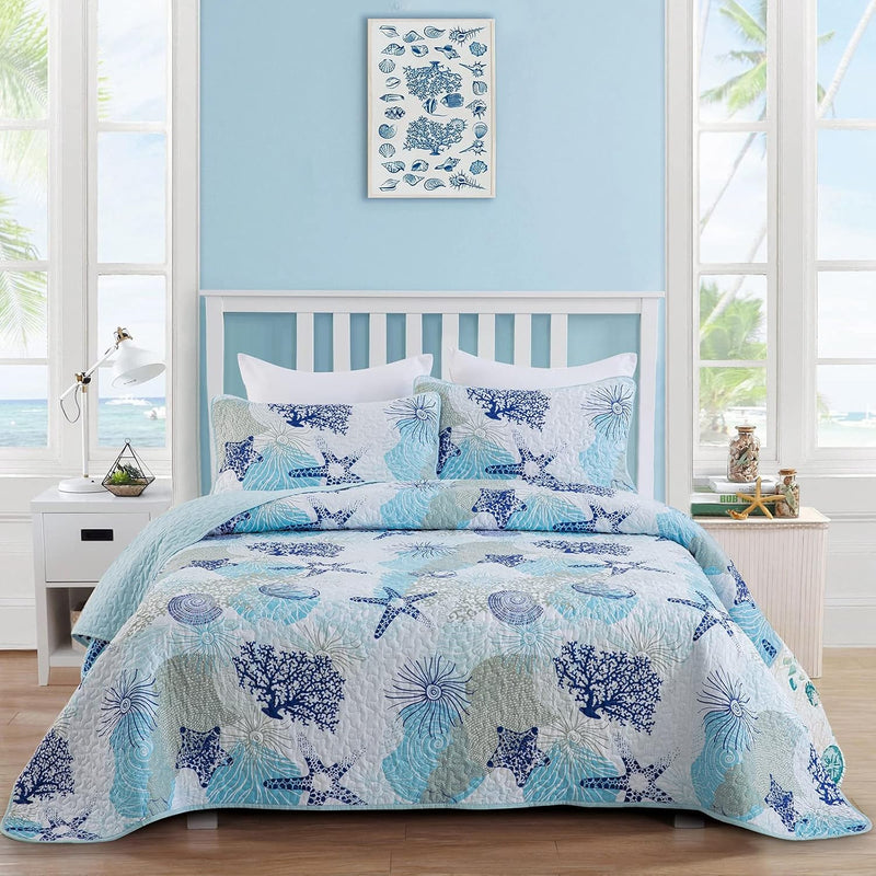 Coastal Quilt Set Queen Size, Blue Ocean Beach Themed Bedding Set Coral Seashe