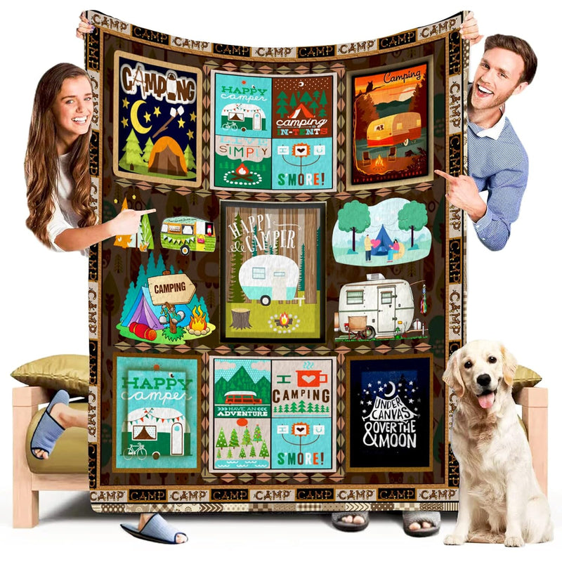 Camping Flannel Fleece Blanket Retro Camping Bus Flannel Blanket Camper Decor