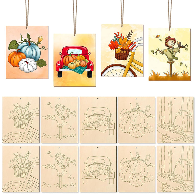 10 Pcs Large Fall Wooden Ornaments to Paint, Pumpkin, Scarecrow & Maple Leaf Crafts