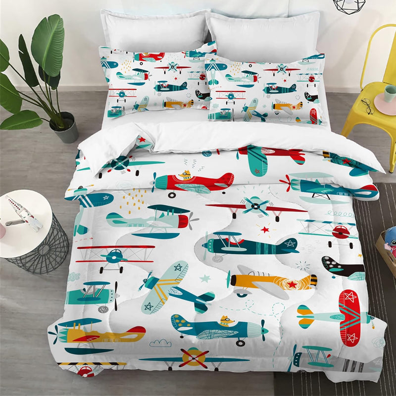 Kids Airplane Comforter Set Twin Size Colorful Cartoon Propeller Plane Bedding