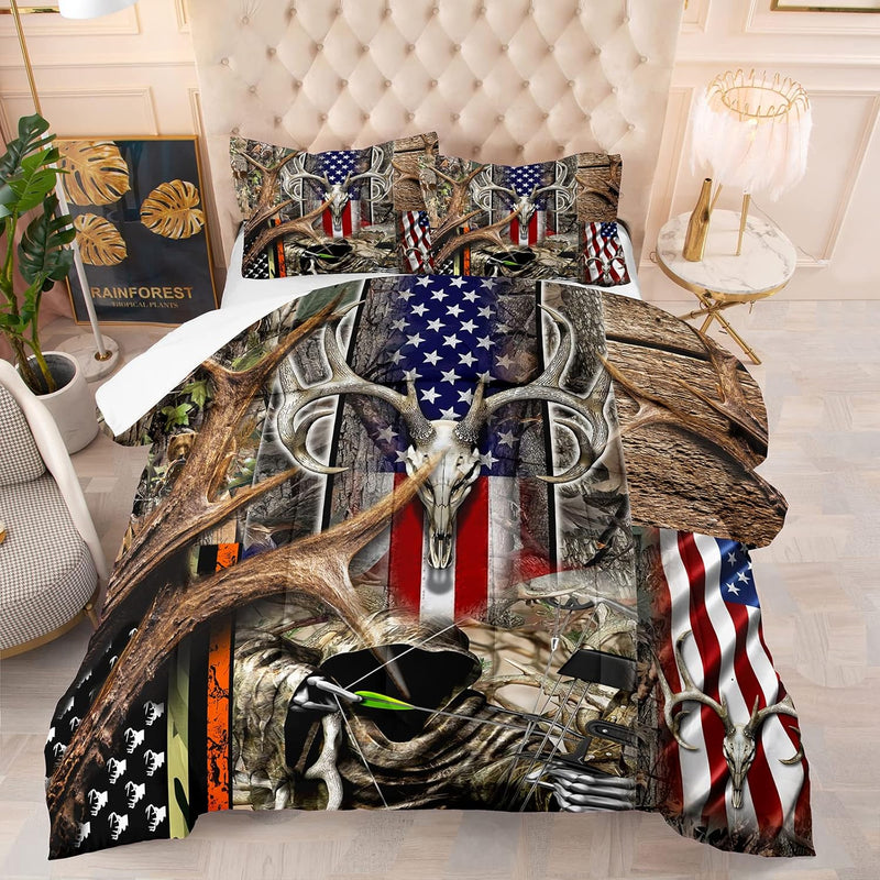 American Flag Comforter Set For Boys Teens Jungle Adventure Hunting Wood Skull
