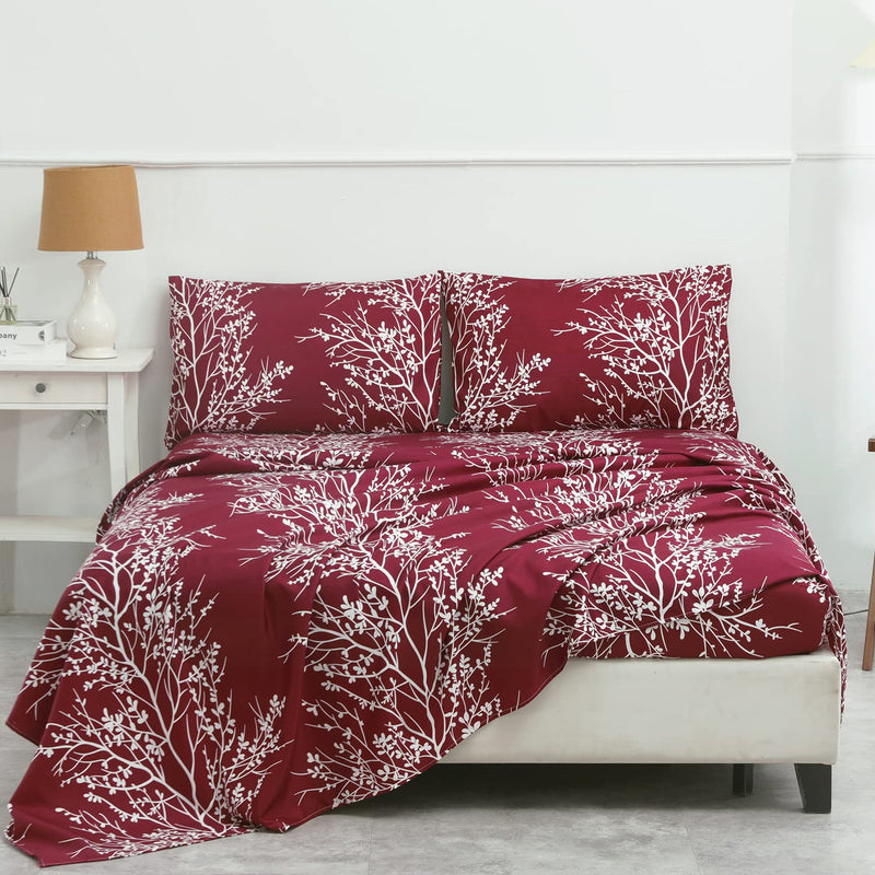 Soft Cooling Microfiber Branches Plant Print Pattern Sheet Set, Deep Pockets F