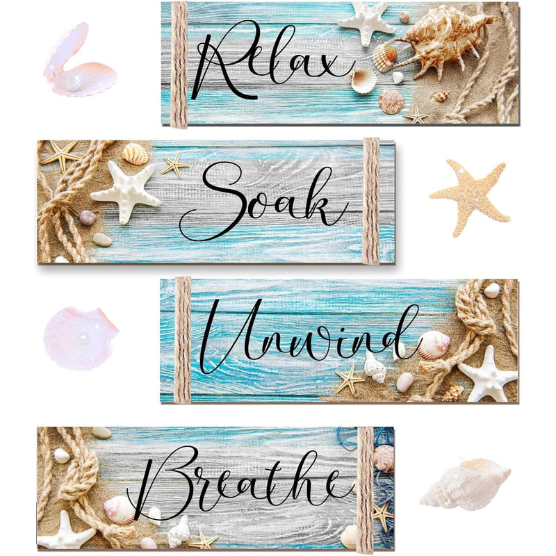 4 Pcs Ocean Beach Bathroom Wall Decor Wood Relax Soak Unwind Breathe Art Sign