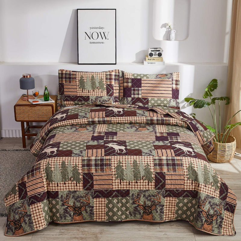 Lodge Bedding Set King Size Rustic Cabin Quilt Set Moose Bear Bedspread Coverl