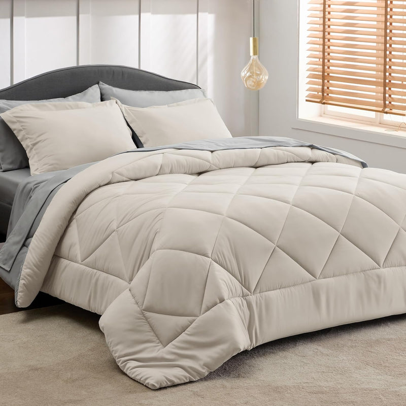 Beige Twin Comforter Sets - 5 Pieces Reversible Twin Bedding Sets, Beige Bed S