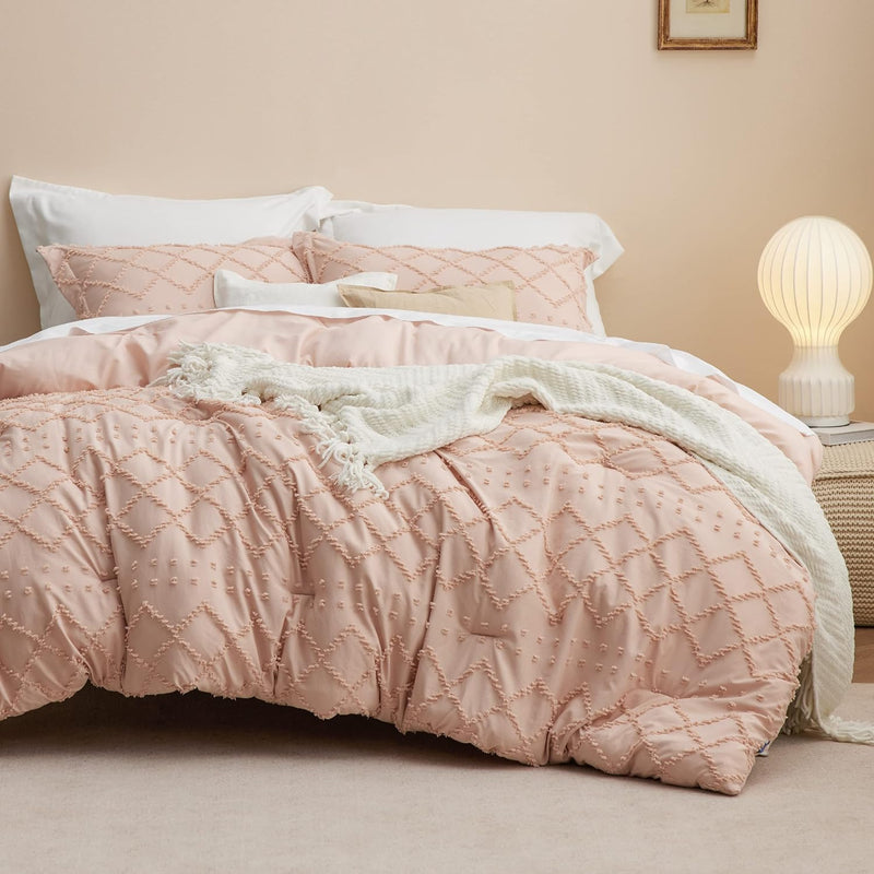 Boho Comforter Set Full - Coral Pink Tufted Shabby Chic Bedding Comforter Set