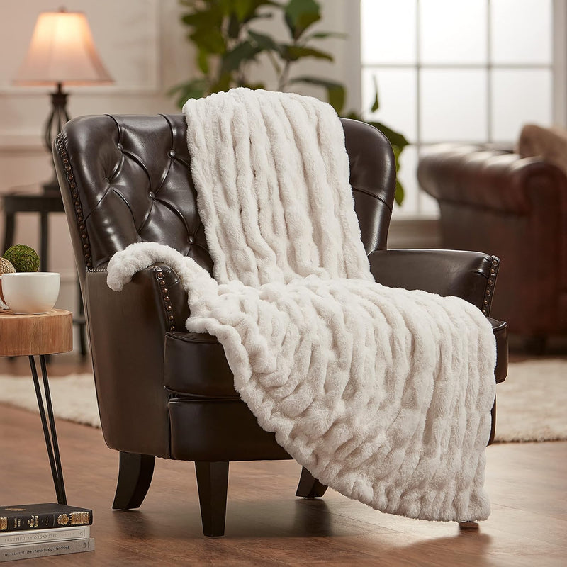 Ruched Luxurious Soft Faux Fur Throw Blanket - Fuzzy Plush And Elegant With Re